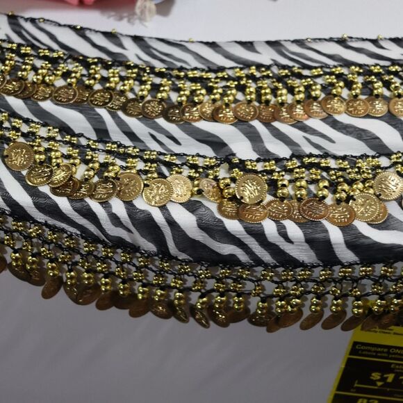 Zebra Print Sheer Belly Dancing Scarf Shimmy Coin Jingle Noise Making Hip Scarf - Picture 6 of 10